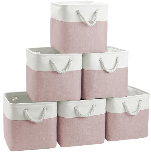 FinishingBo Cube Storage Bins, 6 Pack 11x11 inch with Cotton Handles for Closet, Shelves, Clothes, Towel (White/Pink)