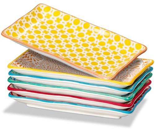 ONEMORE Appetizer Plates Set of 6-7.5 inch Small Serving Platters, Ceramic Rectangular Plates for Sushi Salad Dessert - Microwavable Oven & Dishwasher Safe, Scratch Resistant- Assorted Colors