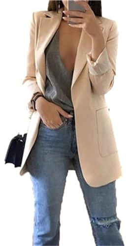 OMZIN Femmes Grande Taille Couleur Unie Blazer Simple à Manches Longues Affaires Cardigan Décontracté Coupe Ajustée Vêtements d'Extérieur Abricot XL