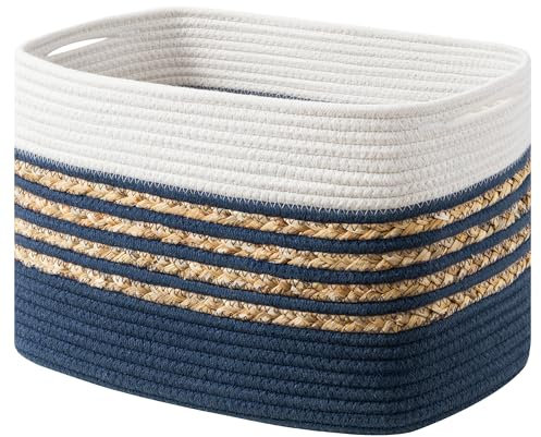 UBBCARE 1 Pack Baskets for Organizing, Woven Storage Baskets for Toys and Towel, Rectangle Cotton Rope Basket with Handles, 14''L x 8''W x9''H, Navy Blue