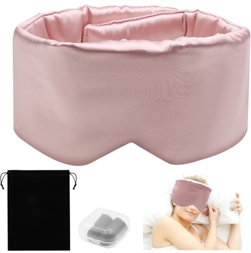 Sleep Mask, VEGCOO Silk Sleeping Mask 100% Blackout Eye Mask for Sleeping Soft & Comfortable Sleep Eye Mask with Earplugs & Storage Bag, Adjustable Blindfold for Women Men All Night Sleep (Pink)