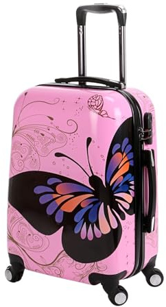 Hampton & Stewart Hard Shell 4 Wheel Suitcase PC Luggage Trolley Case Cabin Hand Butterfly Pink (Small)