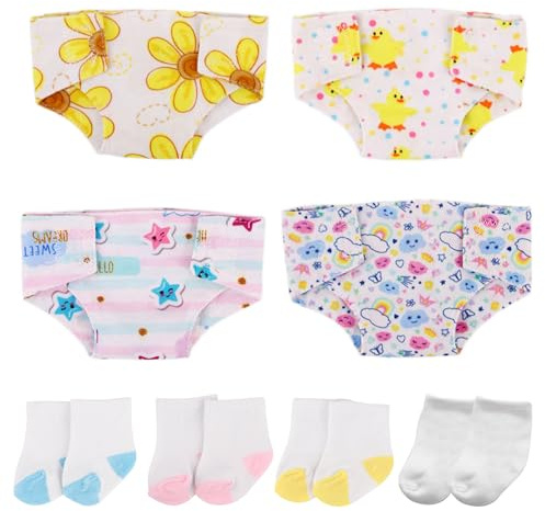 Xerteam 8 Pcs Baby Doll Accessories Set, 4 Doll Nappies & 4 Socks for 14-18 Inch Doll, Reusable Baby Doll Nappies 35-45cm Doll Accessories for Girls Boys Birthday