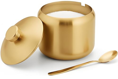 hiwafifi 15oz Sugar Bowl with Lid And Spoon, Stainless Steel Sugar Creamer Container, Round Sugar Jar, Durable Sugar Pot for Coffee Bar Accessories, Coffee Bar Decor, Home and Kitchen Storage, Gold