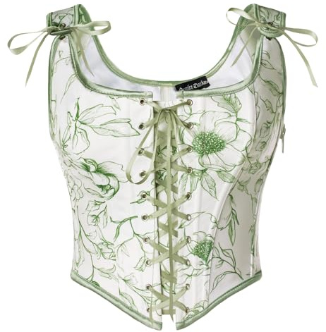 SCARLET DARKNESS Women's Medieval Bustier Corset Top Ruffle Lace Up Overbust Steampunk Gothic Victorian Corsets for Women Meideval Party Simple Green 14