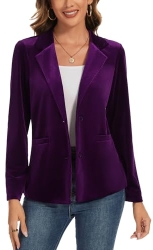 Kyzoeyou Blazer da donna in velluto, casual, a maniche lunghe, giacca elegante, per lavoro, ufficio, capispalla con bottoni e tasche, P-viola, S