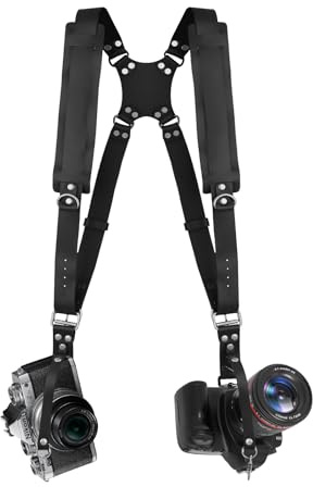 Bebaimis Tracolla per fotocamera con 2 telecamere, in pelle, per fotografi, con chiusura rapida, doppia cinghia per fotocamera, per DSLR/SLR, adatta per escursioni, matrimoni, il miglior regalo, nero