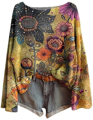 Pull Femme Grande Taille Vintage Imprimé Floral Bohème Pullover Tricoté Élégant Col Rond Manche Longue Sweater À Motif Tunique Oversize Pas Cher Vetement Femme Surdimensionné