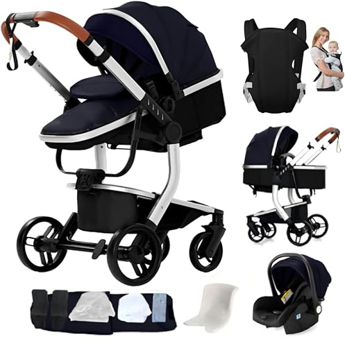 Aveainelle Cochecito 3 en 1 de Piel PU, Trío de Viaje Reversible Para Bebé, Cochecito Plegable con Un Solo Clic y Accesorios Completos, Modos de Freno Dual para Ruedas Delanteras y Traseras (YG)