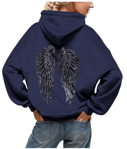 Générique Sweat à Capuche Femme Hiver Hoodie Oversized Motif Ailes Paillettes Casual Chic Femme Sweat-Shirt à Manches Longues Chaud Décontracté Streetwear Sport Vêtements