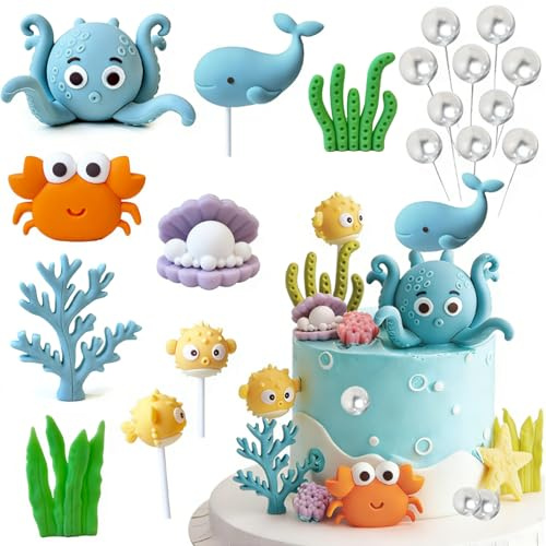 LIULINY 19 Piezas Decoración para Tartas de Mar, Decoración para Tartas con Tema de Criaturas Marinas, Pulpo y Cangrejo Decoraciones Tarta Marina, Decoraciones de Fiesta de Cumpleaño para Niños Niña