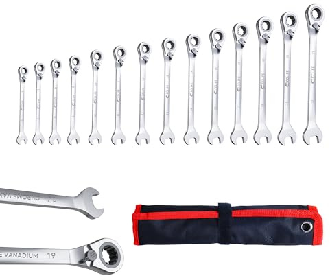 CCLIFE 14 delar omkopplingsbar spärrnyckelsats, ringspärrnyckel gaffelnyckel 6–22 mm, Cr-V 72 tänder, verktygsset för bilreparation, inklusive väska