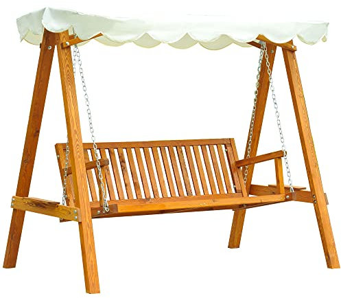 Outsunny 3 Seater Garden Swing Seat with Canopy, Wooden Swing Chair, Outdoor Hammock Bench for Balcony Patio Porch, Cream White