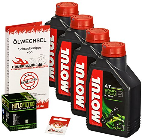 Motul 10W-40 Öl + HiFlo Ölfilter für Triumph Tiger 800 /XC/XCX/XR/XRX, 11-14 - Ölwechselset inkl. Motoröl, Filter, Dichtring