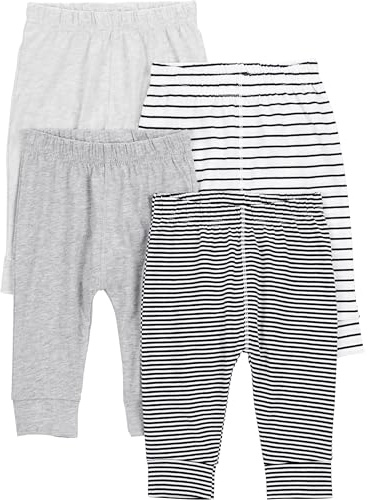 Simple Joys by Carter's Pantalón de Algodón Unisex Bebés, Pack de 4, Blanco Rayas/Gris/Gris Claro/Negro Mini Rayas, 3-6 meses