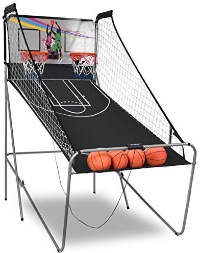 COSTWAY Macchina da Pallacanestro Elettronica, Canestro Basket da Camera a Doppio Tiro Pieghevole con Punteggio Elettronico, 4 Palle, 8 Modalità di Gioco e 2 Canestri (Grigio)