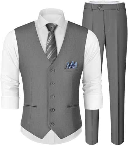 MAGE MALE Men's Linen 2 Piece Suit Slim Fit Wedding Groomsmen Summer Vest Pants Set with Pocket Square Grey