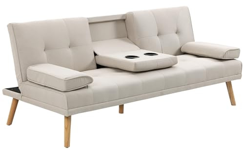 HOMCOM Canapé Convertible 3 Places, canapé-lit rembourré avec Dossier réglable 3 Niveaux, 2 Coussins et 2 Porte-gobelets intégrés, Tissu de Lin, pour Salon, Chambre d'amis, Petit Espace, Beige