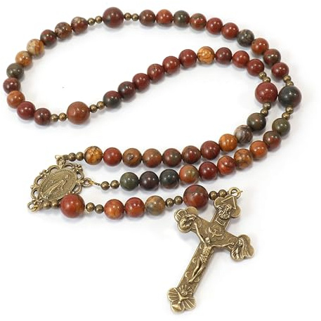 Succour7 Rosary Beads Catholic for Men, Women & Children-Durable prayer beads with Miraculous Medal, Holy Trinity Crucifix, 8mm &10mm Picasso Jasper Beads, Includes Pouch & Guide