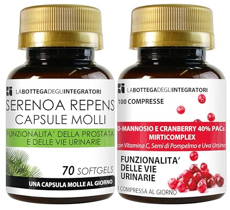 Set di Integratori per la Prostata e per le vie Urinarie | Serenoa Repens 70 Softgels + D-Mannosio e Cranberry con Semi di Pompelmo Uva Ursina e Vitamina C 100 Compresse LA BOTTEGA DEGLI INTEGRATORI