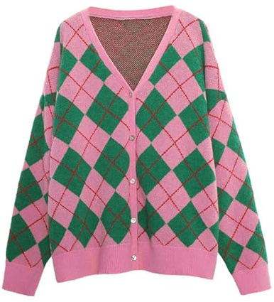 Hyipels Women's Long Sleeve Cardigan Sweater,Cute Y2K Top Knit Colorful Patterned V Neck Button Outwear S~XL
