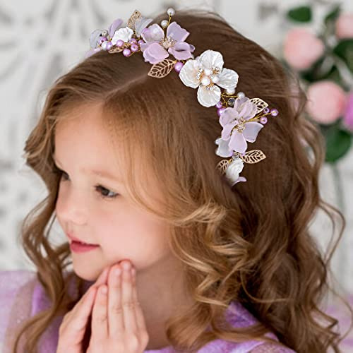 IYOU Flower Girl Headpiece Purple Pearl Princess Headband for Wedding Leaf Floral Crystals Frist Communion Hair Accessories Prom Birthday for Girls (Gold)