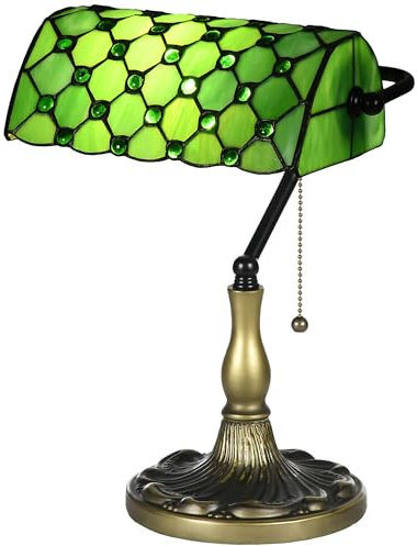 HOMCOM Stained Glass Table Lamp, Vintage Lamp with Green Handmade Shade, Metal Base, Antique Bedside Lamp for Bedroom Living Room Home Decoration