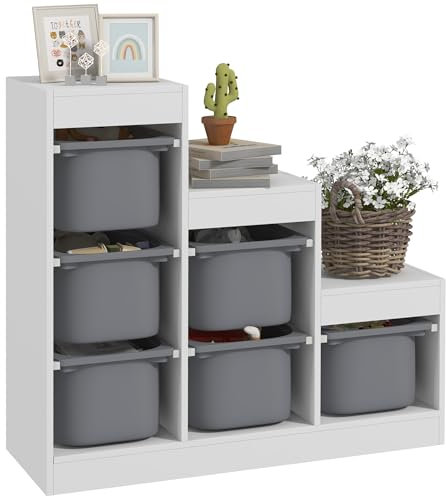 AIYAPLAY Scaffale Portagiochi Multilivello con 6 Contenitori, Mobile per Cameretta a 3 Livelli per Bambini da 3-8 Anni, 96x38.5x90cm, Grigio