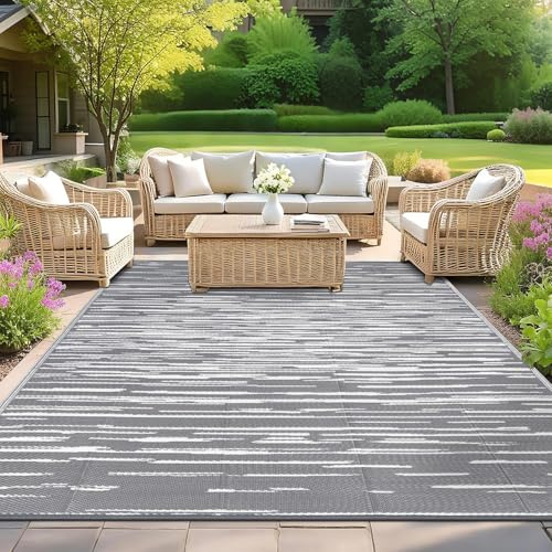 SHACOS Outdoor Rugs for Patios Waterproof 180 x 270 cm Large Garden Rug Reversible Plastic Straw Rug UV Resistant Easy Cleaning Outdoor Camping Mat for RV, Backyard, Picnic, Balcony, Deck, Grey