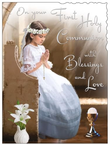 Jonny Javelin First Holy Communion Congratulations Card for Girls - Communion Congratulations Card with Artistic Girl in Church Design and Embossed Foil Details