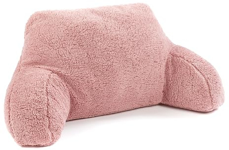 Downland Huggleland Reading Pillow with Arms - Soft Teddy Fleece Cuddle Cushion for Adults, Backrest Support Pillow for Bed, Chair & Armchair Reading Cushion (Pink) - 45H x 39D x 89W cm