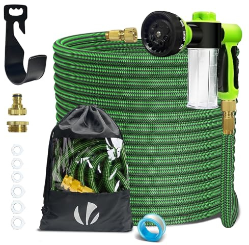 VOUNOT® Manguera Extensible 30m, Manguera Flexible Jardín con Pistola Rociadora de 8 Funciones y Dispensador de Jabón, Conectores de Latón de 1/2 y 3/4 Pulgadas Bolsa de Almacenamiento, Verde