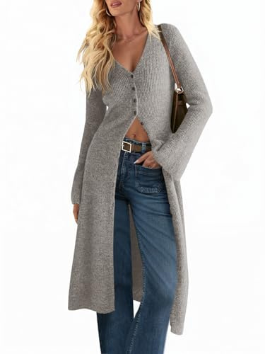 Saodimallsu Womens Long Cardigan Sweaters Oversized Bell Sleeve Open Front Button Down Casual Knit Fall Midi Dress Grey