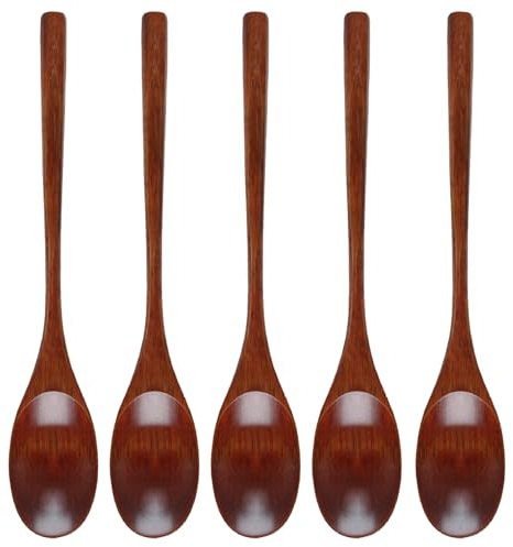 Wanheart 5 Stück Holzlöffel Set – Natürliche Esslöffel aus Holz mit langem Griff, umweltfreundliches Besteck für Studenten, Büro, Zuhause, Suppe, Reis, Bento, Camping