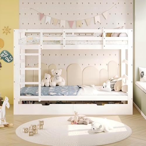 Mokylor Hochbett Kinder 90x200, Etagenbett Kinderbett, Hochbett Stockbett mit Rausfallschutz und 2 Schubladen, Funktionsbett Jugendbett mit Lattenrost, umbaubar in Zwei Kinderbetten