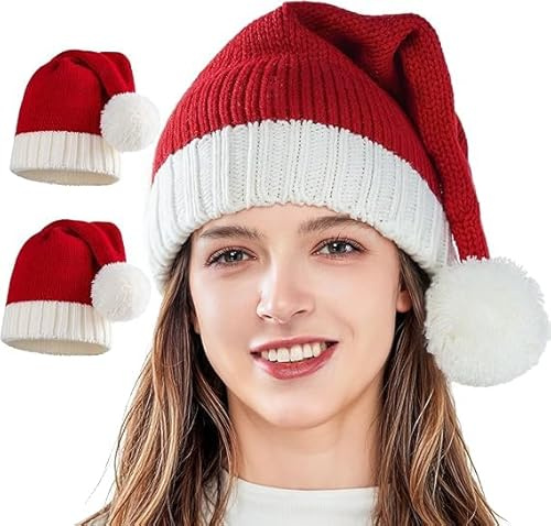 2 Piezas Rojo Gorro Navideño, Gorro Navidad Adulto, Sombrero de Santa de Punto, Gorros Papá Noel para Hombres Mujeres, Gorros de Navidad Adultos, Sombrero de Navidads para Fiestas Navideñas, Año Nuevo