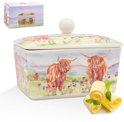 The Leonardo Collection Jennifer Rose Gallery Highland Cow Butter Dish | Fine China Butter Keeper with Lid | Rustic Kitchen Storage for Breakfast Table | Countryside Animal Design Gift For Women & Men