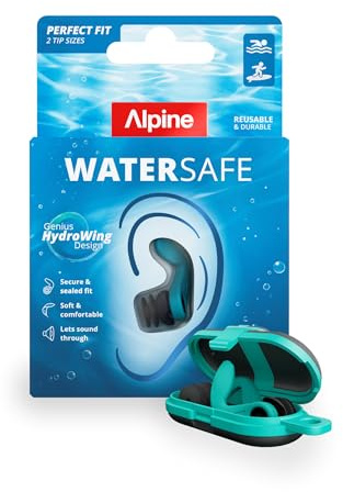 Alpine WaterSafe Tapones para Nadar, Mantienen el Agua Fuera, Dejan Pasar el Sonido, Ajuste Seguro, Suaves, Cómodos, Reutilizables, Para Nadadores, Surf, Ducha & Deportes Acuáticos, 2 Tallas, 1 Par