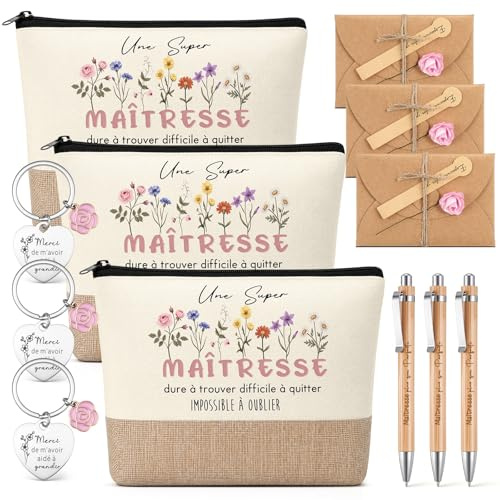 Jetec 3 Sets Cadeaux Maîtresse d'École Fin d'Année Cadeau Crèche Pochette Merci Maîtresse Porte-Clés Merci Stylos pour Remerciement Creche Maitre Professeur Enseignant Maternelle Institutrice Atsem