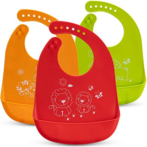 Baberos de bebé Impermeables – 3 paquetes de baberos de silicona – Lavable a máquina – 7 tamaños ajustables – lavable a máquina – Bolsa de comida sin ensuciar