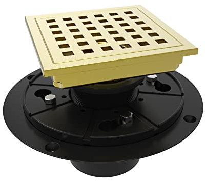 WEBANG 4 Inch Square Shower Floor Drain with Flange,Quadrato Pattern Grate Removable,Food-Grade SUS 304 Stainless Steel,Watermark&CUPC Certified, Brushed Gold Brass