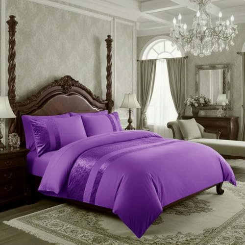 Casabella Luxury Crushed Velvet Panel Band Duvet Cover Sets with Pillow Case King Duvet Cover Bedding Set – Color Purple Crush Velvet King Duvet Cover Sets