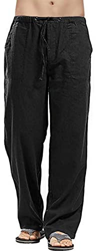 heekpek Pantaloni Uomo Lino e Cotone Pantaloni Lunghi Dritti da Uomo Estivi Leggeri e Traspiranti Casual Pantalone Lino Uomo con Comodo Cordoncino, Nero, L