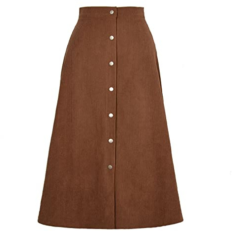 Gonne in Velluto a Coste da Donna Gonna Lunga in Velluto a Coste con Vita Alta Gonna Invernale a Linea Stretta Gonna Longuette Casual Gonna per Il Tempo Libero con Abbottonatura e Orlo(XL-Marrone)