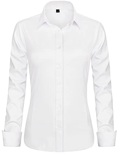 J.VER White Shirt Women Stretch Fitted Dress Shirt Long Sleeve Business Casual Work Office Tops Fashion Ladies Blouses Shirts M