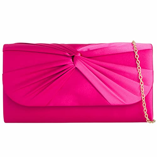 Bolso de mano plisado de satén para novia, graduación, boda, noche, fiesta, bolso de mano, rosa fucsia, medium