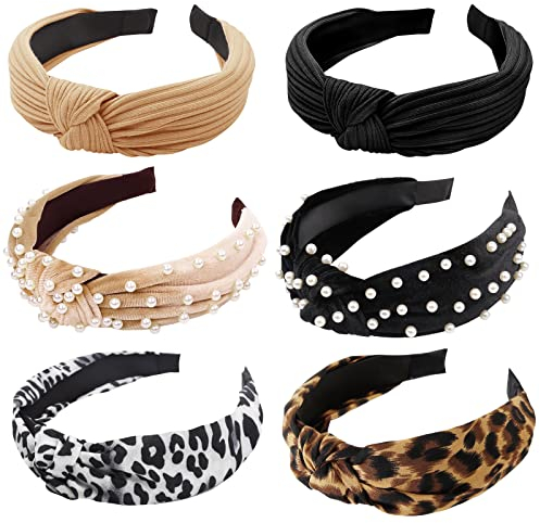 6 Stück Haarreifen Damen Mädchen Boho Knot Haarband Haarbänder Haarreif Headband Perle Leopard Geknotet Stirnbänder für Frauen Dünn Breites Vintage Hairbands