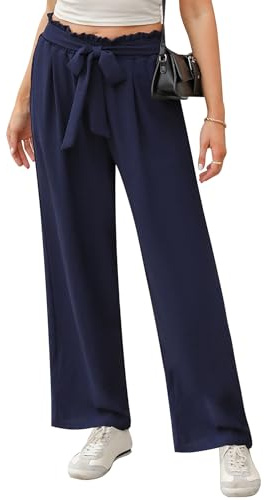iClosam Stoffhose Damen Sommer Flowy Wide Leg Freizeithose Casual Beach Strandhose High Waisted Kordelzug Palazzo Hosen mit Taschen Halara Hosen Lang Weite Hose Navy blau L