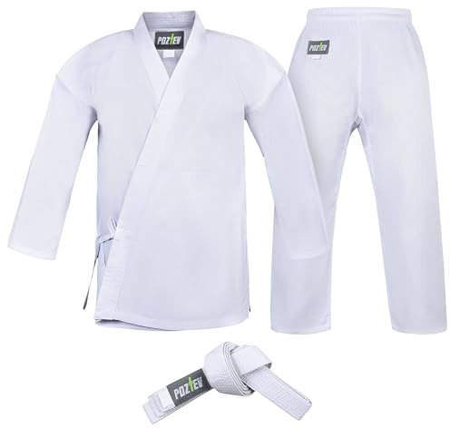 POZTEV Karate Uniform for Kids & Adults Lightweight Student Gi Pants and Jackets for Martial Arts Uniform With Free Belt, White, 3(5'3'’/130lbs)