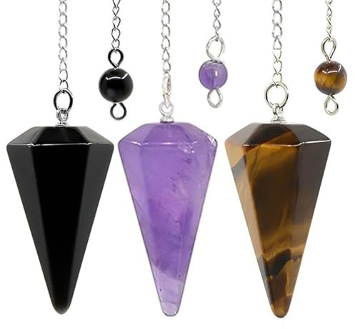 Ieron Lot de 3 pendules en Cristal – Améthyste, œil de Tigre, Obsidienne pour Divination, radiesthésie, guérison Reiki, Sorcellerie